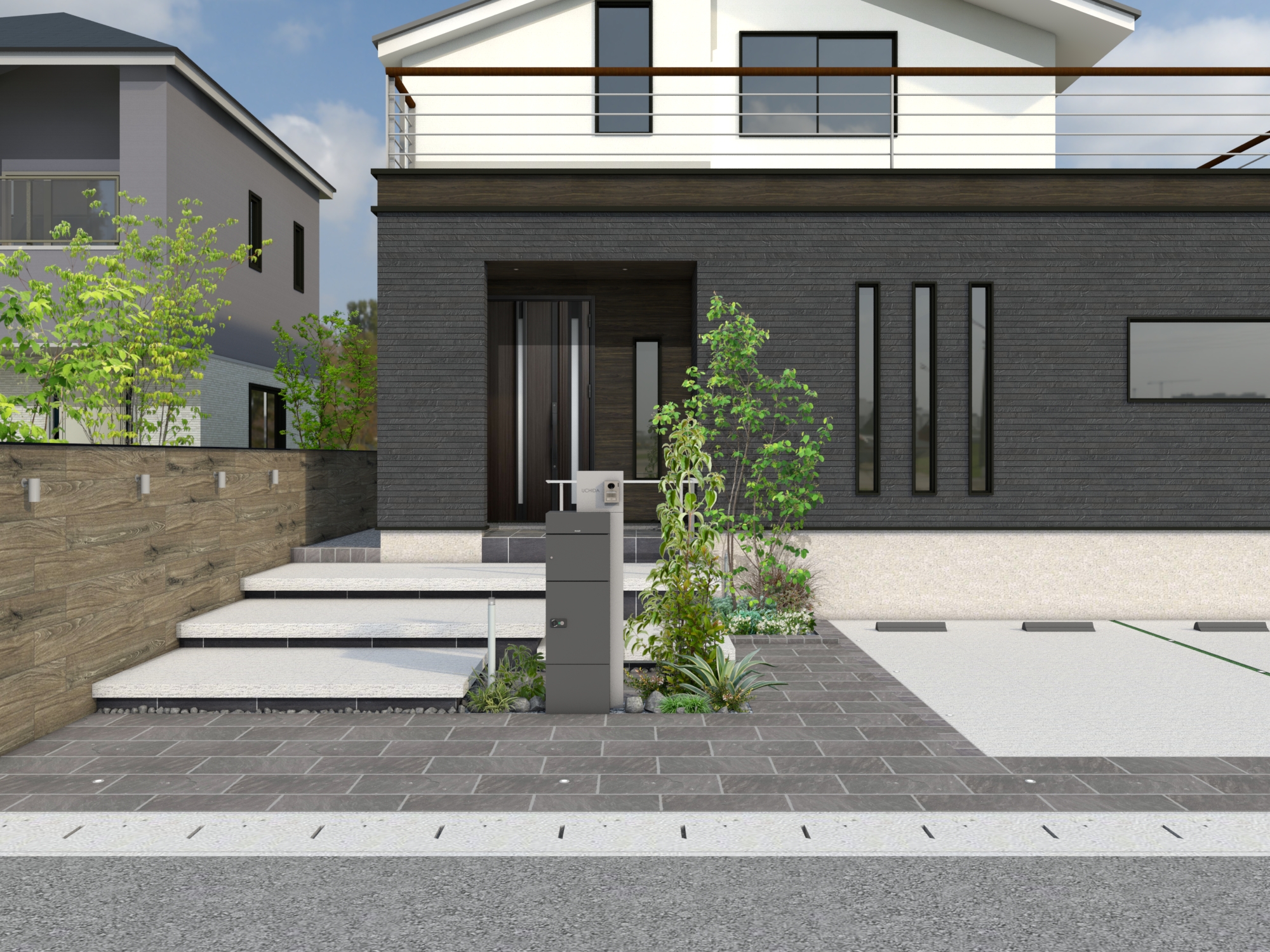 シンプルにこだわった上質なモノトーンと木彫が映えるアーバンモダンファサード