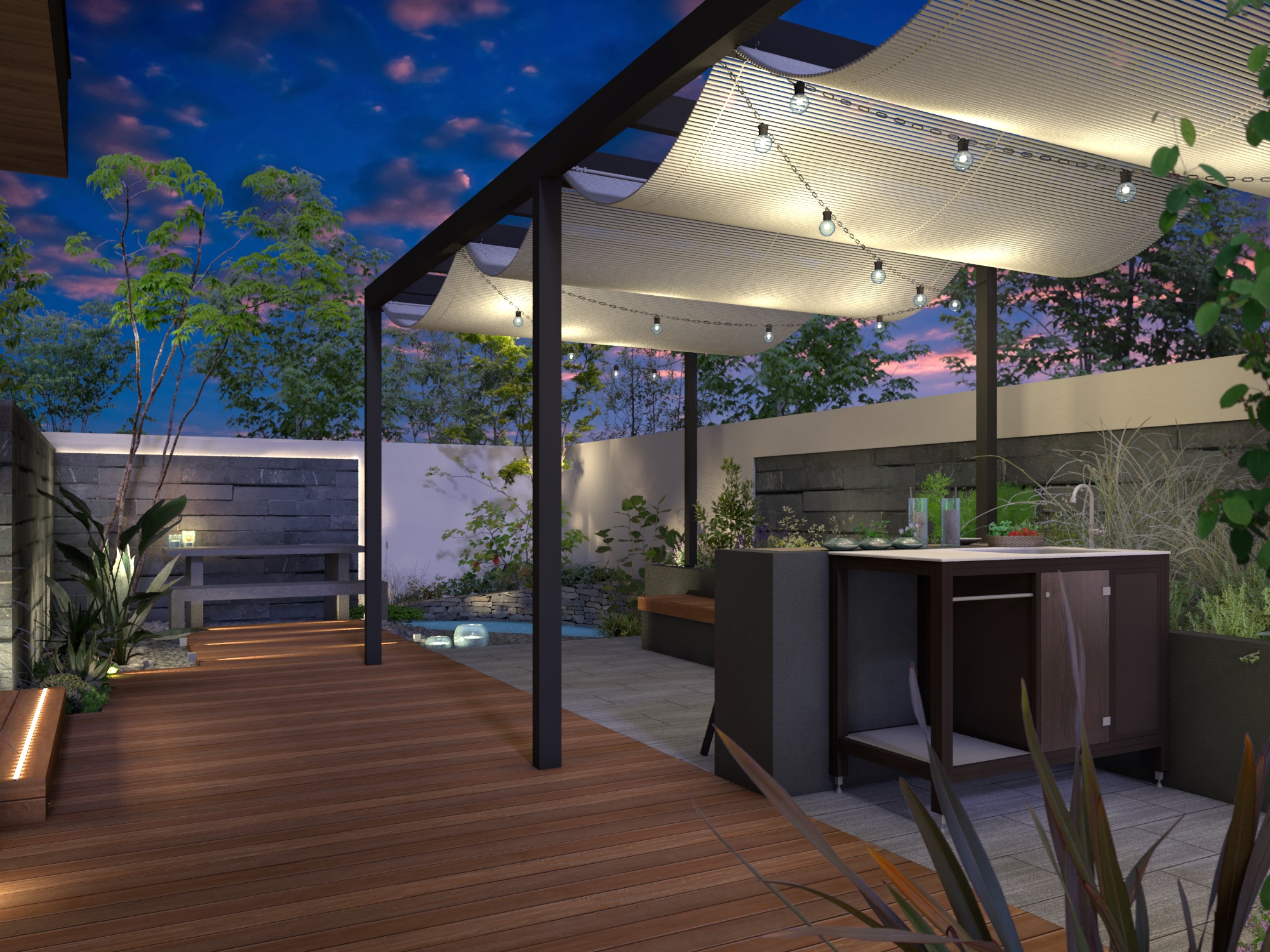 素朴とモダンの組み合わせによる光の移ろいが心地よい庭