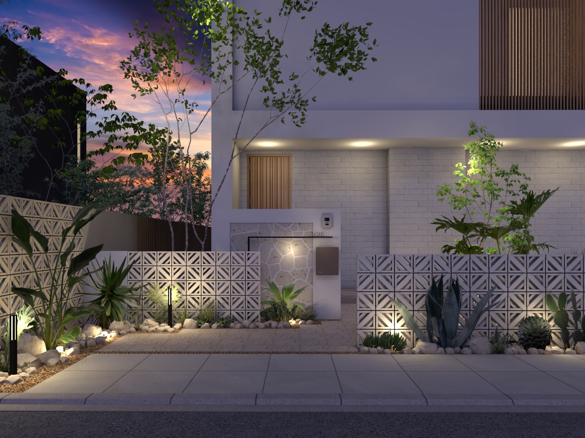 ブロックの抜け感と陰影のグラデーションが印象的なリゾートファサード