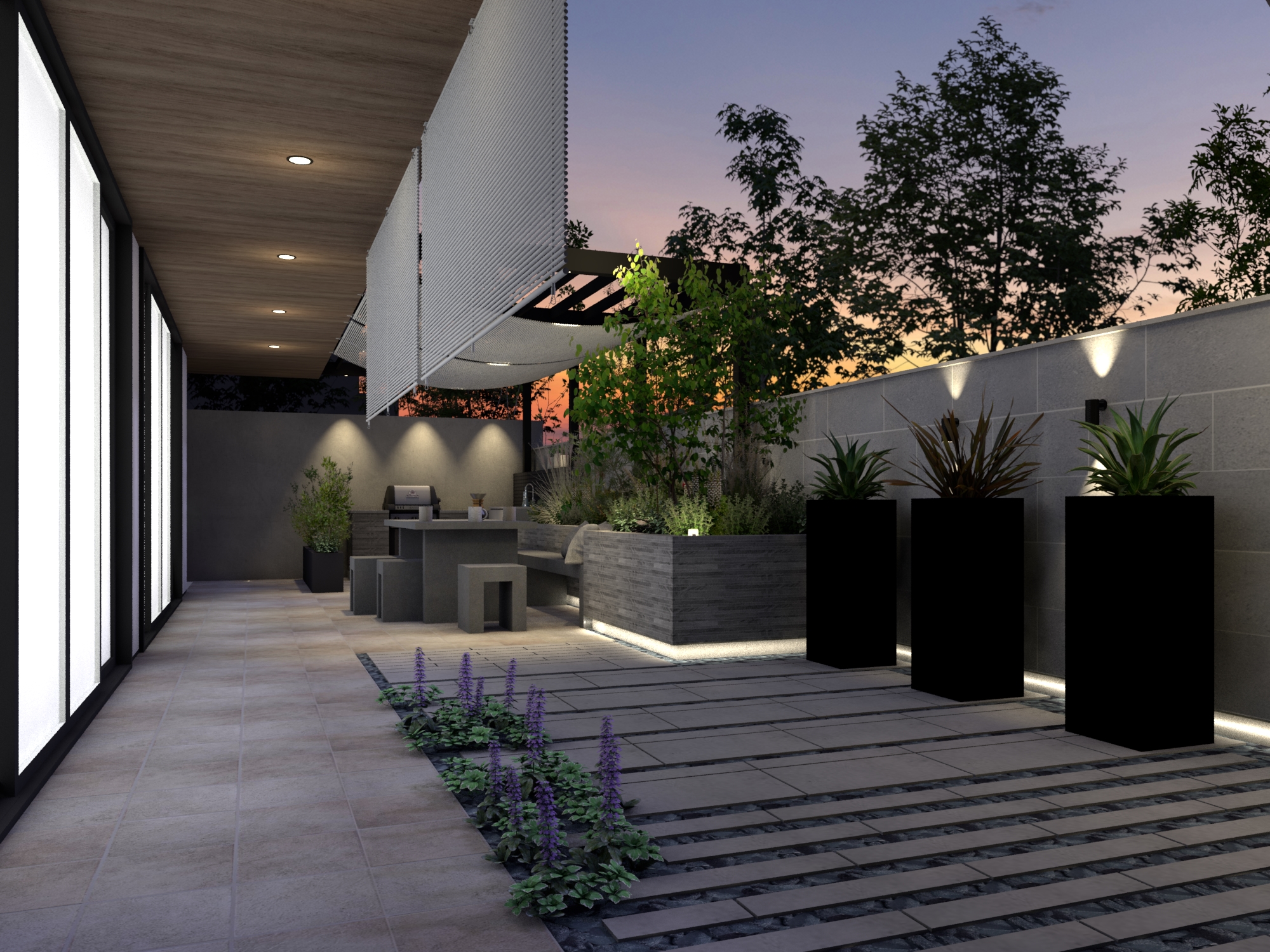 おもてなしの空間を広く魅せる、ミニマルスタイルのアーバンモダンガーデン