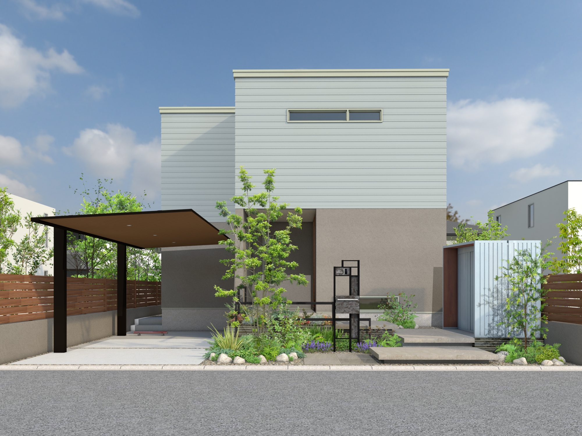 建物に溶け込むスタイリッシュな物置がおしゃれなアーバンモダンファサード